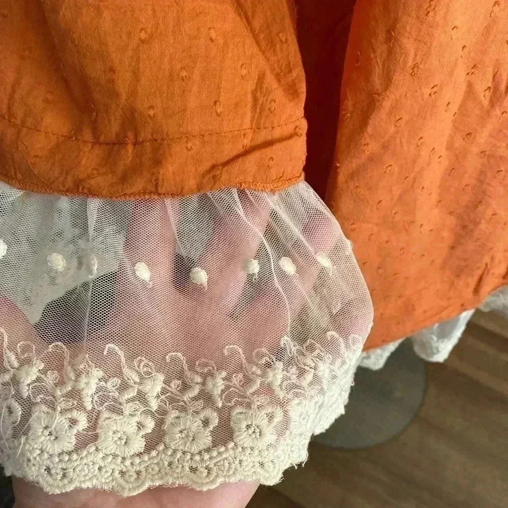 🆕Free People Tea Combo Rust Long Sleeve Smocked Off Shoulder Tunic Lace Edge M🆕 - Picture 6 of 9